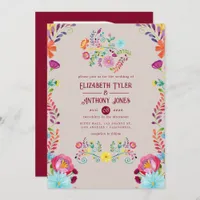 Warm Taupe/Burgundy Floral Mexican Fiesta Wedding Invitation
