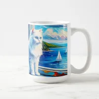 White Cat in Window sill Looking out at the Ocean Coffee Mug