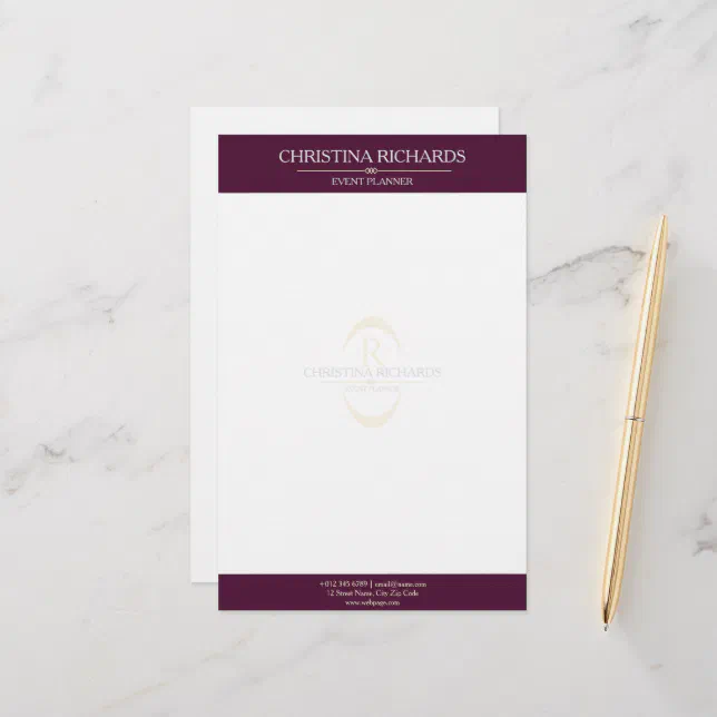 Monogram Burgundy Modern Elegant Business Stationery