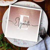 Girly Rose Gold Glitter Blush Monogram Script Name Napkins