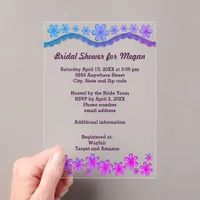 Blue & Purple Six Pedal Flowers Bridal Shower Acrylic Invitations