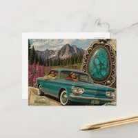 Vintage Couple Car on Map in the Mountains Collage Postcard