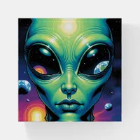 Alien Face with Planets Reflections in Eyes Paperweight