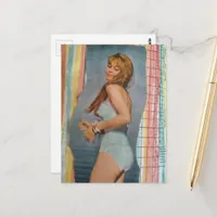 A Beautiful Woman in 1957 on the beach collage Postcard