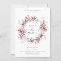 Watercolor Winter Foliage Berries Wreath Wedding Invitation