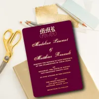 Monogram Elegant Burgundy  and Gold Wedding  Foil Invitation