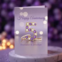 Purple Gemstone and Pearls 5th Wedding Anniversary Card
