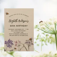 Birthday wildflowers violet pink bees nature invitation