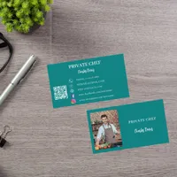 Private chef teal green photo catering QR code Business Card