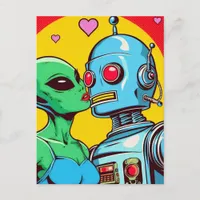 Adorable Green Alien in Love With a Robot Postcard