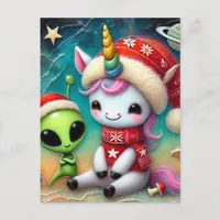 Festive Christmas Alien and Unicorn Postcard