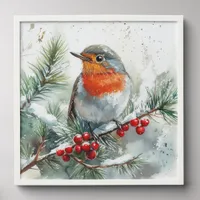 Christmas Watercolor Snowy Pine Berries Robin Bird Peel And Stick Photo Tile