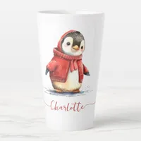 Cute Watercolor Personalized Christmas Penguin Latte Mug