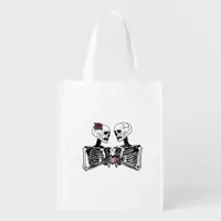Romantic Skeleton Couple Gothic With Heart Hands Grocery Bag
