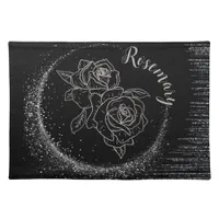 Monogram Name Silver Glitter & Roses on black | Cloth Placemat