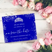 Sweet 16 royal blue silver budget save date flyer