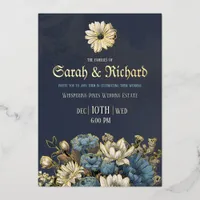 Elegant Navy & Gold Foil Floral Wedding Foil Invitation