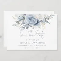 Modern Florals Dusty Blue Text QR Code Wedding Save The Date