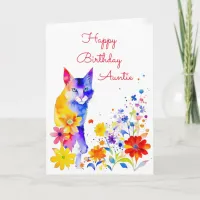 Watercolor Cat and Flowers Personalized Birthday Card