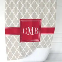 Beige and Red Moroccan Quatrefoil Monogram Shower Curtain