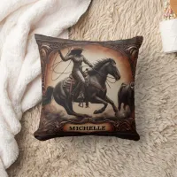 Rodeo Performance With Cowgirl and Horse Throw Pillow