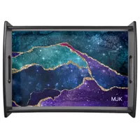 Blue Purple Aqua Gold Veins Agate Monogram Serving Tray