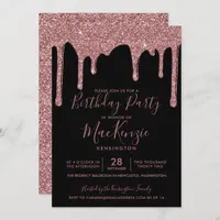 Black and Rose Gold Sparkle Glitter Drips Birthday Invitation