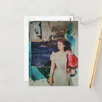 Woman Along the River Mixed Media Collage Postcard