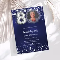 80th birthday navy blue silver stars photo invitation