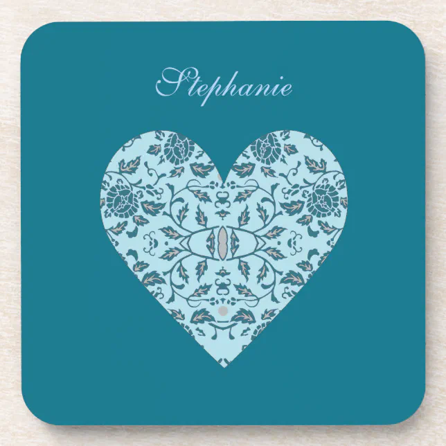 Elegant Flowery Teal Damask Heart Coaster