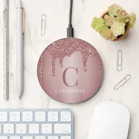 Rose Gold Glitter Drips Sparkle Monogram Wireless Charger