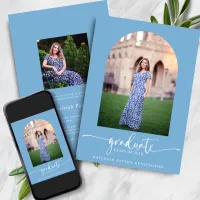 Modern Light Blue Script Graduation Arch Photo Announcement