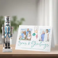 Teal Seas and Greetings Seashell Ornament Photo Holiday Card