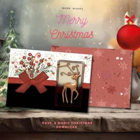 Deer Red Bow Black White Holiday Card