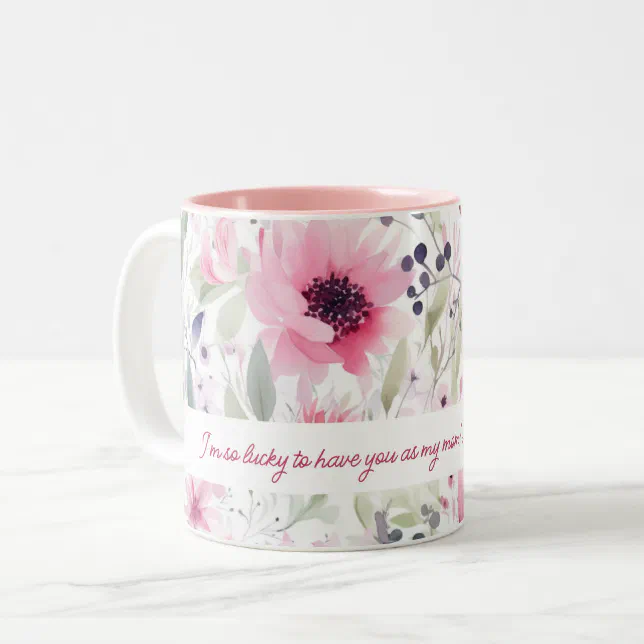 Pink Watercolor FLowers Pattern | Gift for Mom |   Two-Tone Coffee Mug