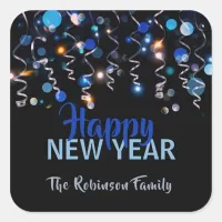 Ribbons Bokeh Lights New Year Party Celebration Square Sticker