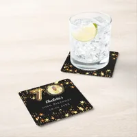 70th birthday black gold stars photo square paper coaster