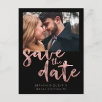Chic Black Rose Gold Foil Script Save the Date Announcement Postcard