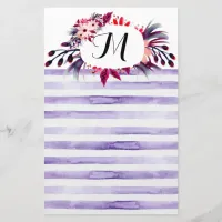 Watercolor Lavender Purple Stripes Floral Frame Stationery