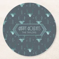 Deer Antlers Arrows Christmas Pattern Teal ID861 Round Paper Coaster