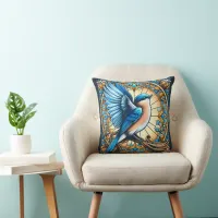 Vibrant Blue Bird Perched on Stained Glass Throw Pillow