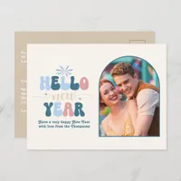 Coastal Cream New Year Retro Modern Blue Photo Holiday Postcard