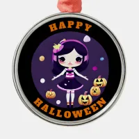 Cute Kawaii Girl in Pumpkins Halloween Metal Ornament