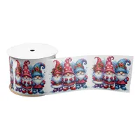 Red and Blue Watercolor Holiday Gnomes Christmas Satin Ribbon