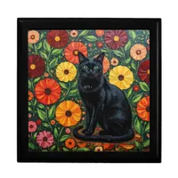 Black Cat and Colorful Folk Art Flowers Gift Box