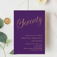 Purple gold script 70th birthday invitation