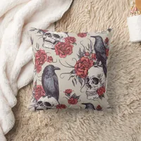 Raven Skulls Roses Throw Pillow