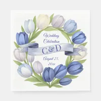 Elegant Watercolor Tulip Wreath Wedding Blue Ivory Napkins