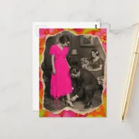 Hot Pink Dress Lady Collage AI Enhanced Postcard