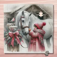 Little Girl and her Horse Rustic Christmas Jigsaw Puzzle